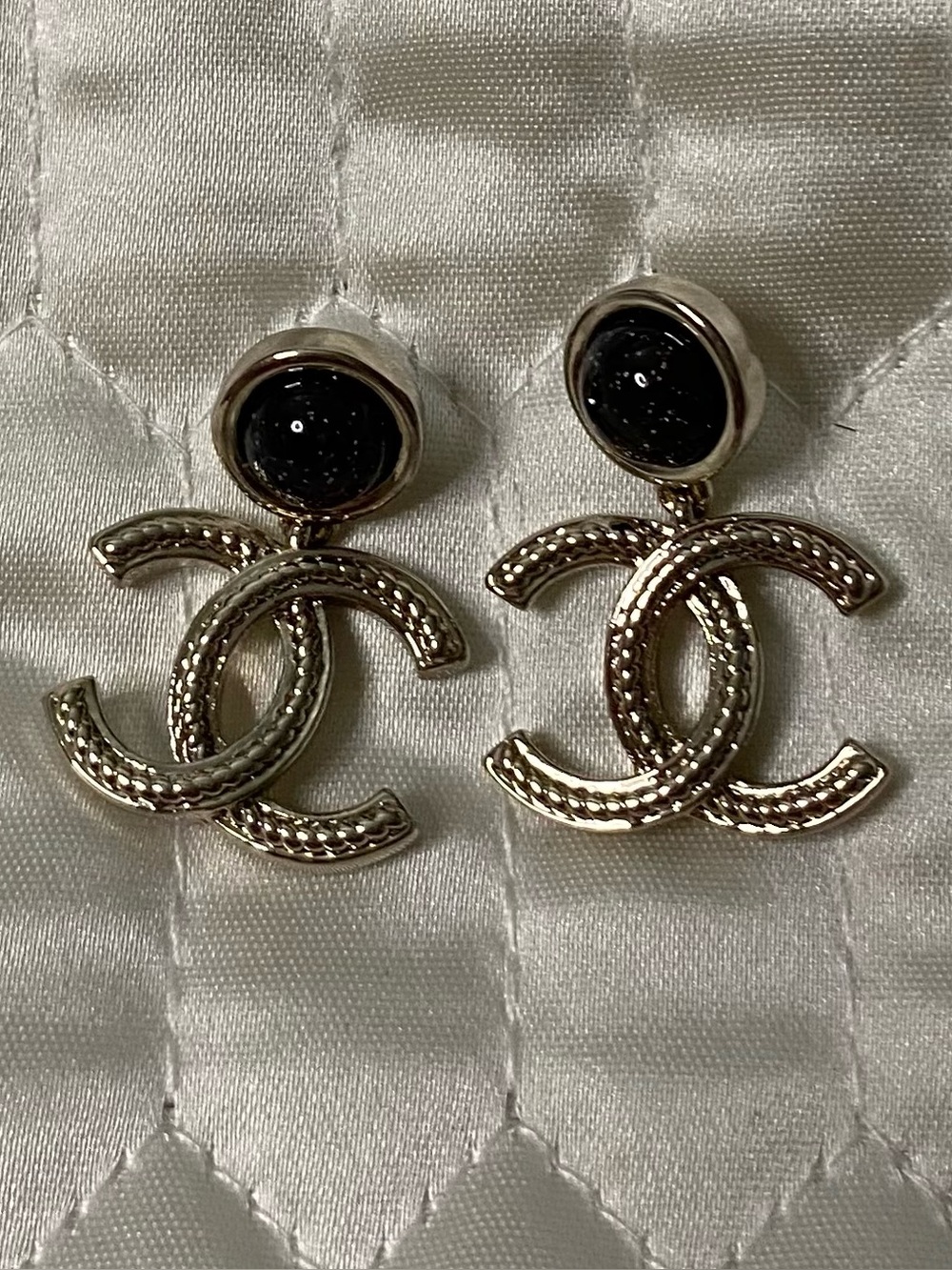 ChaneI. Gold-Tone with Coffee Brown Faux Stone Dangle Logo Earrings